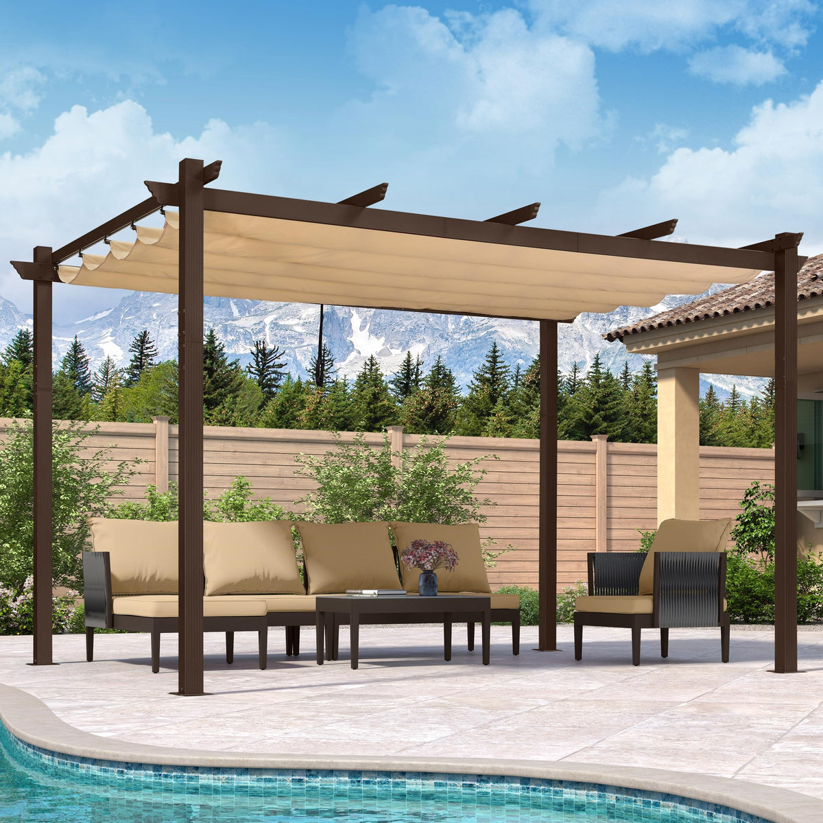 95% Anti-UV Beige Color HDPE Fabric Retractable Wave Canopy Sun Shade Net Garden Pergola Swimming Pool Shading Sails Sliding Canopy
