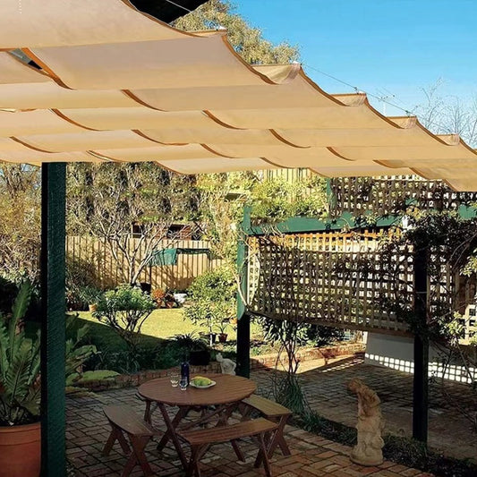 95% Anti-UV Beige Color HDPE Fabric Retractable Wave Canopy Sun Shade Net Garden Pergola Swimming Pool Shading Sails Sliding Canopy